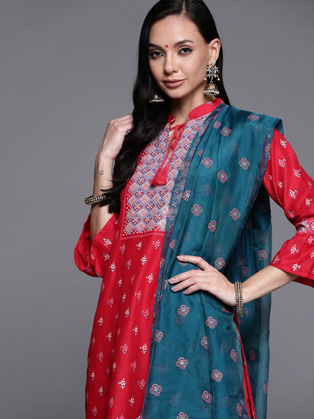 

Libas Women Red Floral Motifs Regular Kurta with Palazzos & With Dupatta