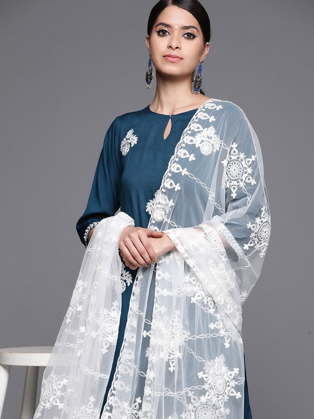 

Libas Women Blue Floral Embroidered Regular Kurta with Palazzos & With Dupatta