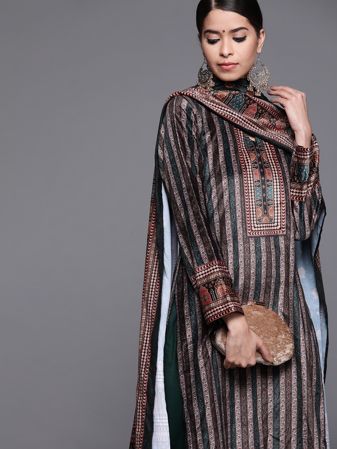 

Libas Women Green Striped Regular Velvet Kurta with Palazzos & With Dupatta