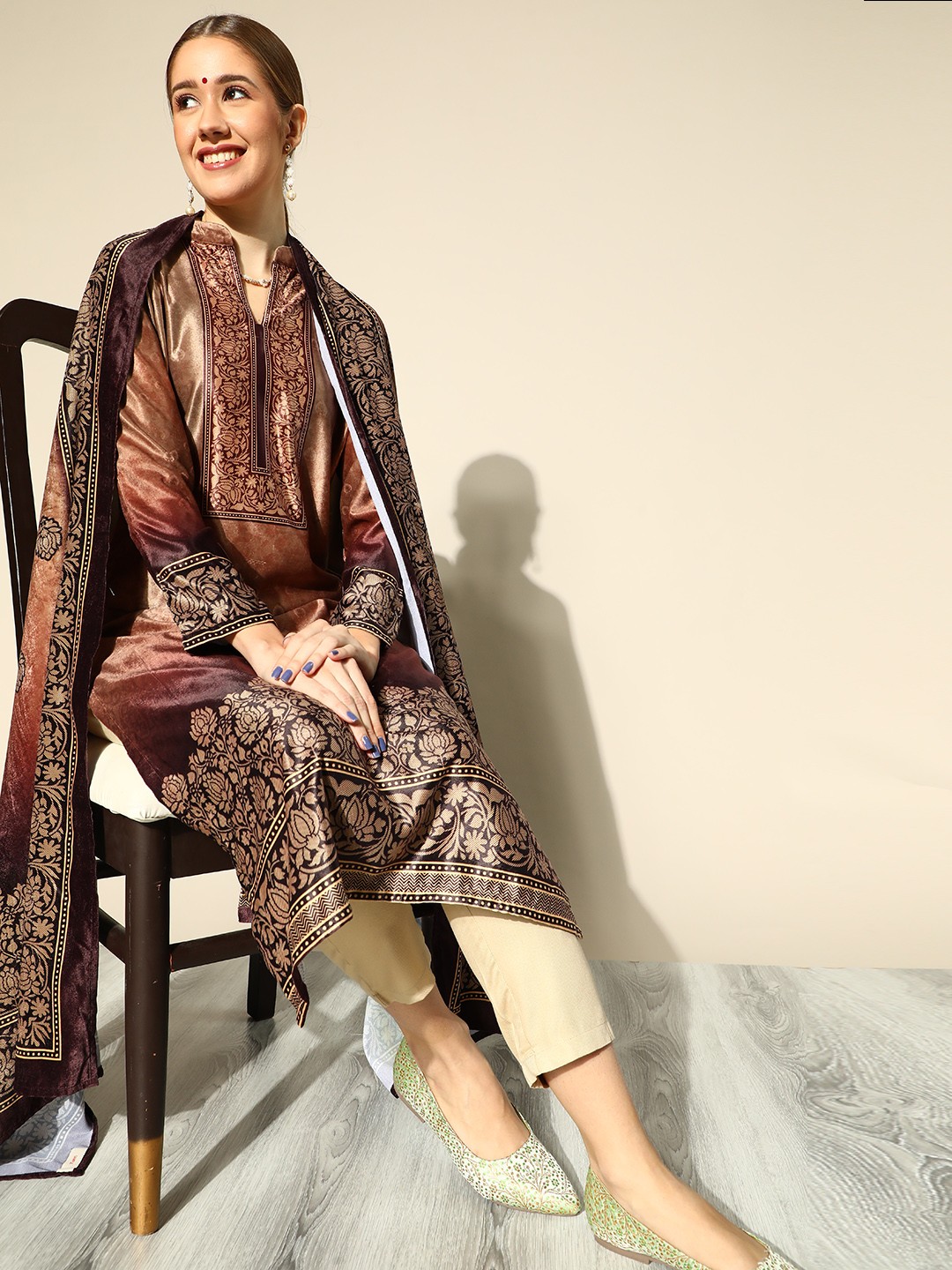

Libas Women Beige Floral Printed Panelled Velvet Kurta with Trousers & With Dupatta