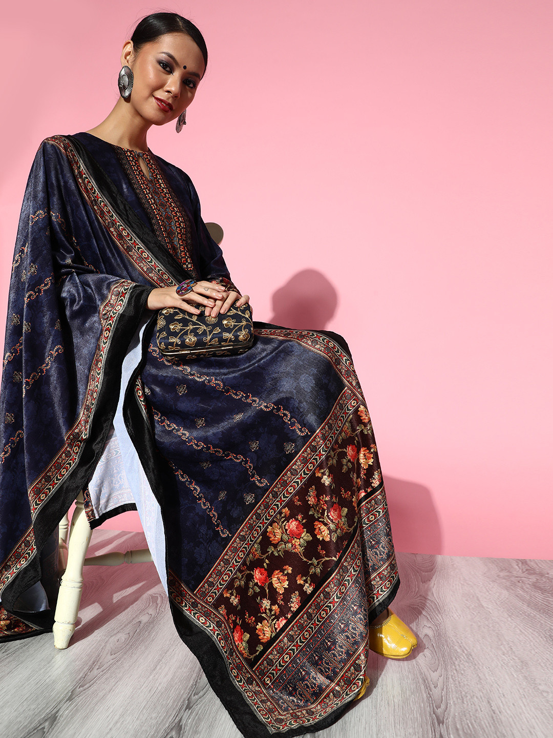 

Libas Women Navy Blue Floral Printed Regular Velvet Kurta with Palazzos & With Dupatta