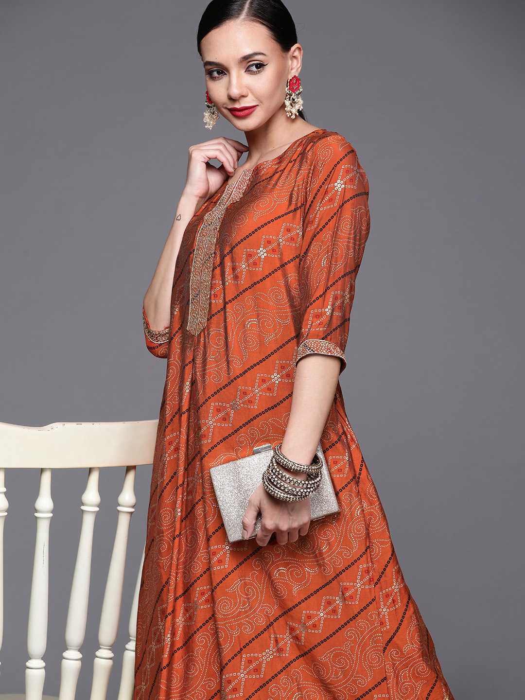 

Libas Women Orange Bandhani Printed Chanderi Silk Kurta