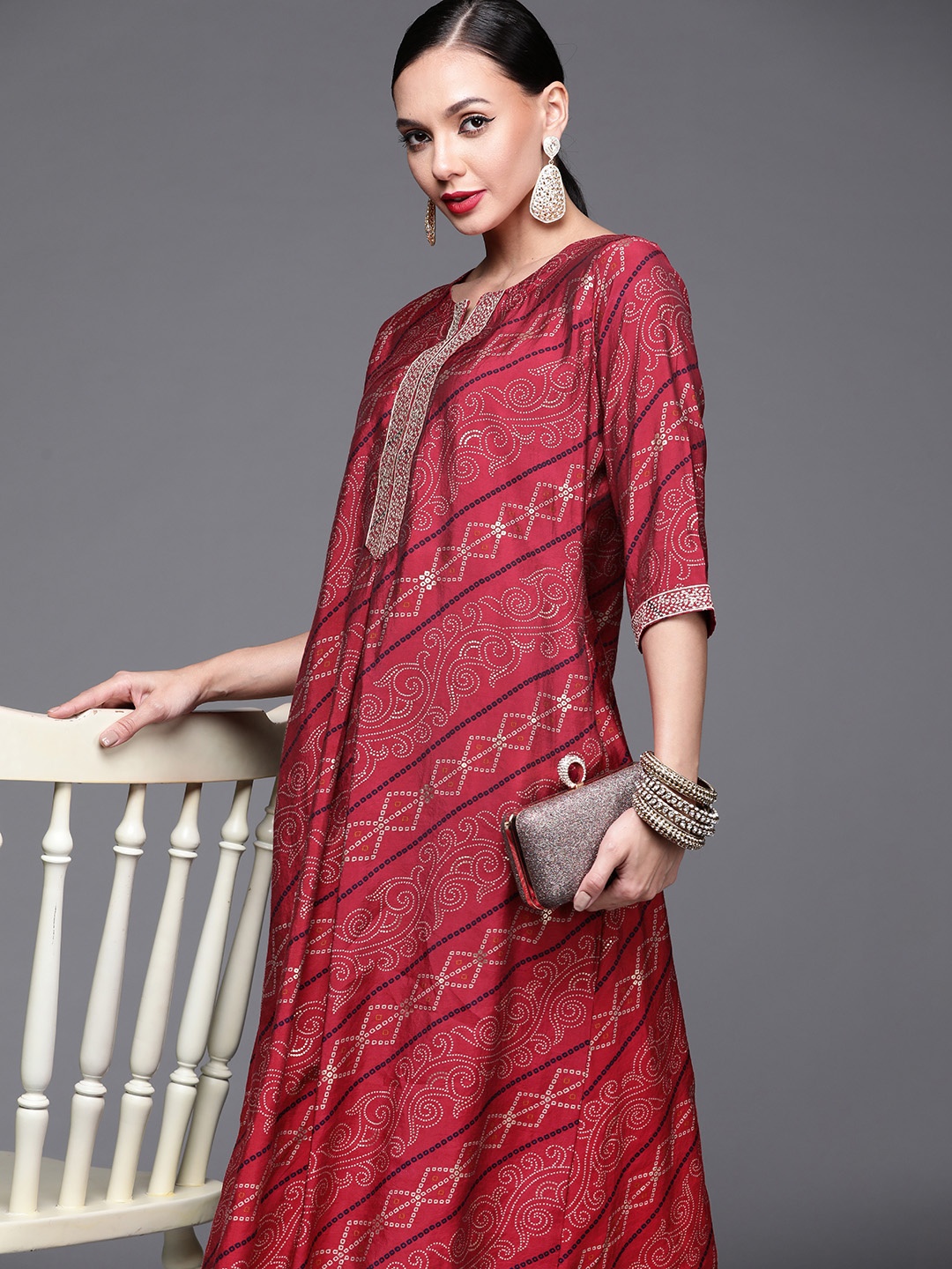 

Libas Women Pink Bandhani Printed Chanderi Silk A-Line Kurta
