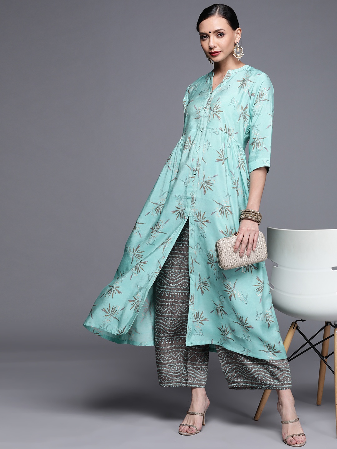 

Libas Women Sea Green & Golden Floral Printed A-Line Kurta