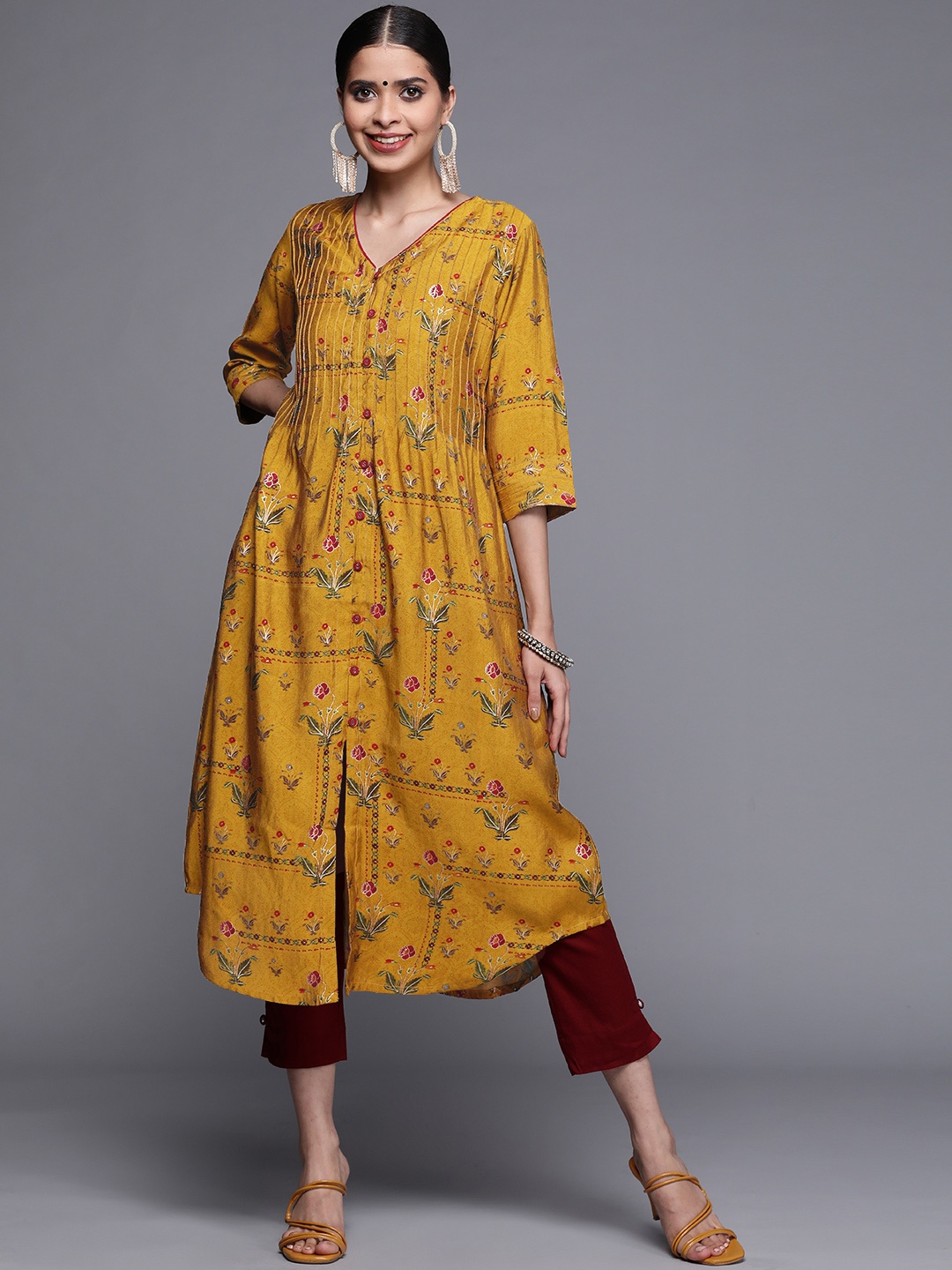 

Libas Women Mustard Yellow & Red Floral Printed Floral Chanderi Silk Pathani Kurta