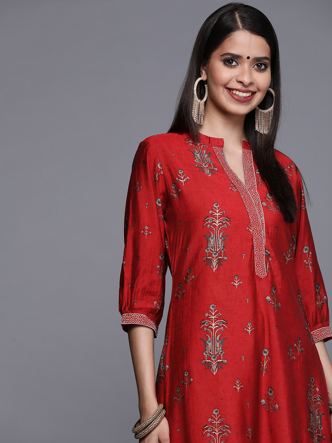 

Libas Women Red & Golden Floral Print A-line Kurta