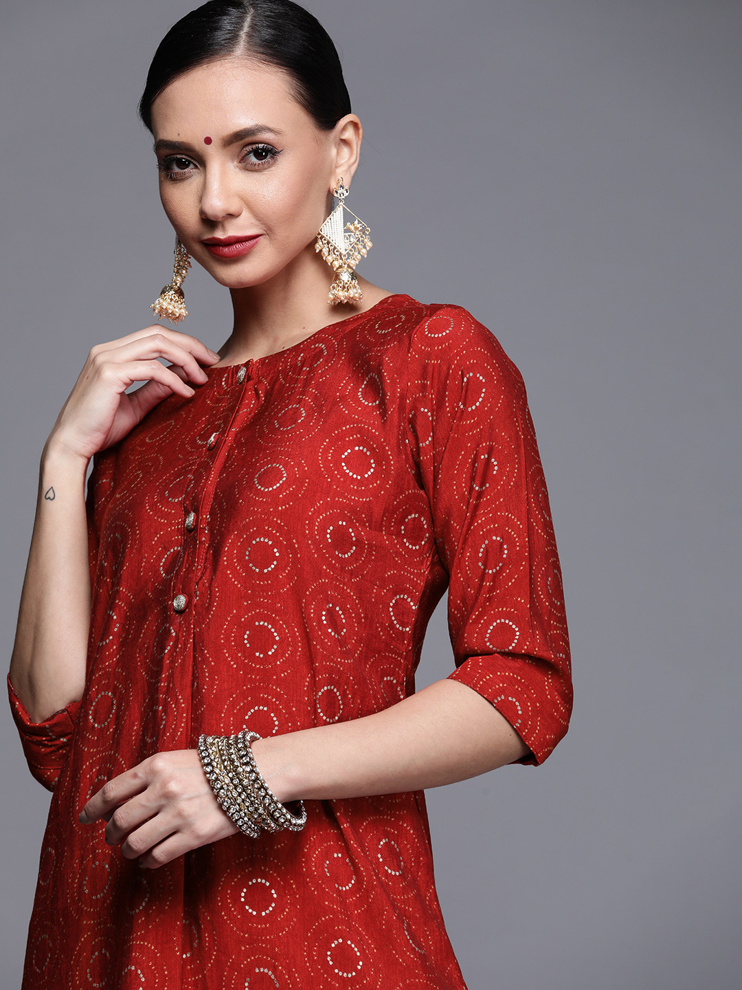 

Libas Women Red & Golden Bandhani Print A-Line Kurta