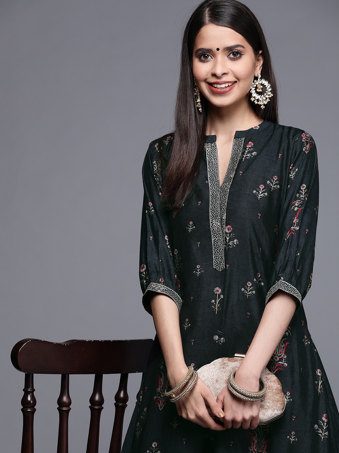 

Libas Women Black Floral Printed Chanderi Silk Chanderi Silk Kurta