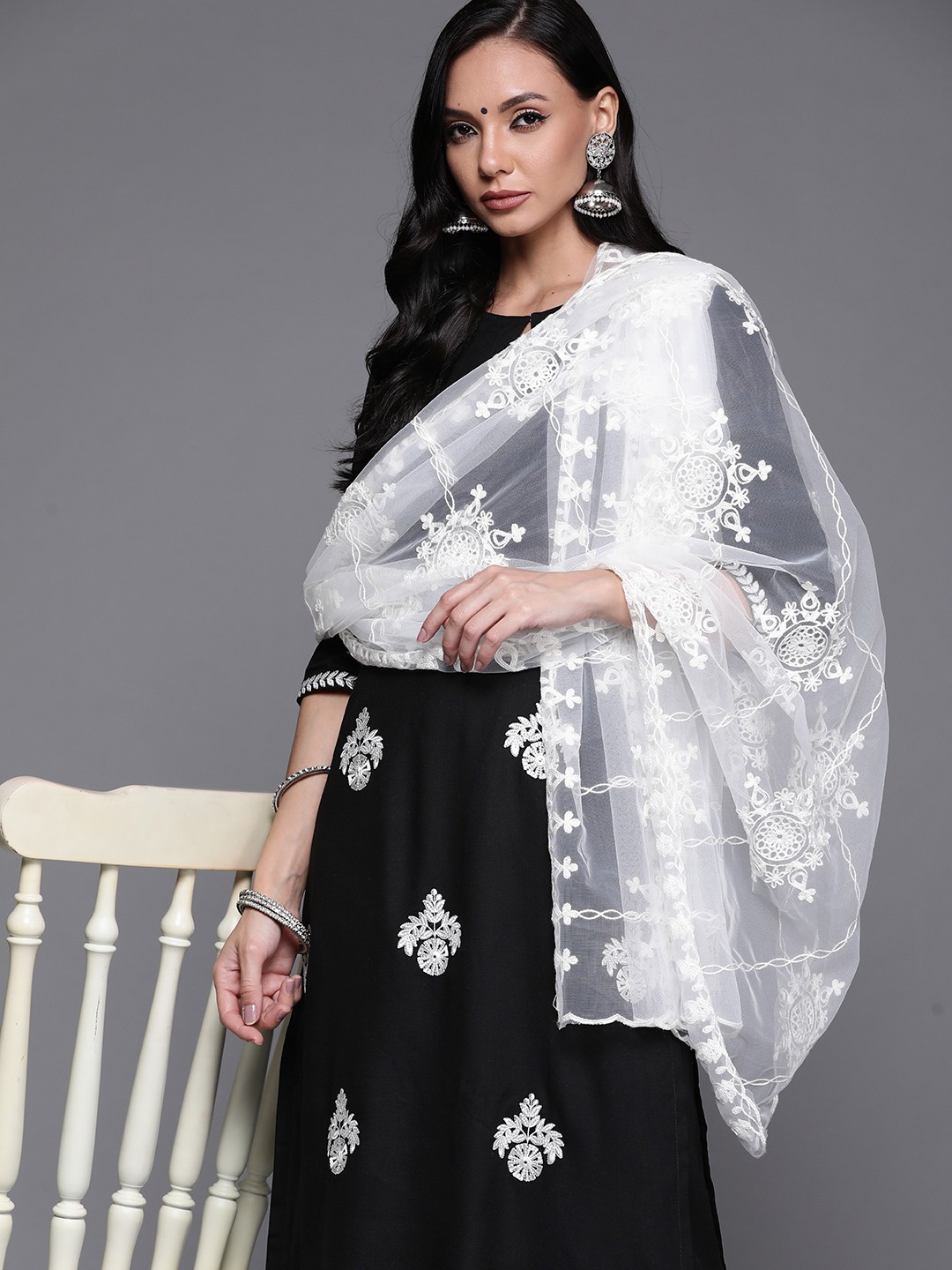 

Libas Women Black Floral Embroidered Regular Kurta with Palazzos & With Dupatta