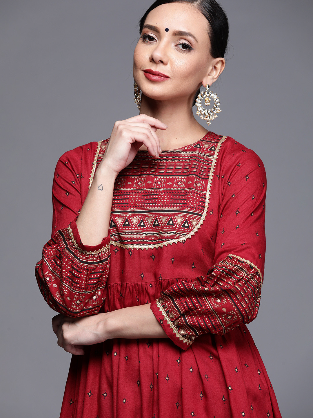 

Libas Women Maroon & Black Ethnic Motifs Print A-line Kurta