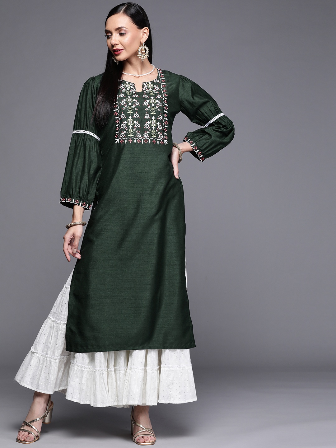

Libas Women Green Floral Yoke Design Chanderi Silk Kurta