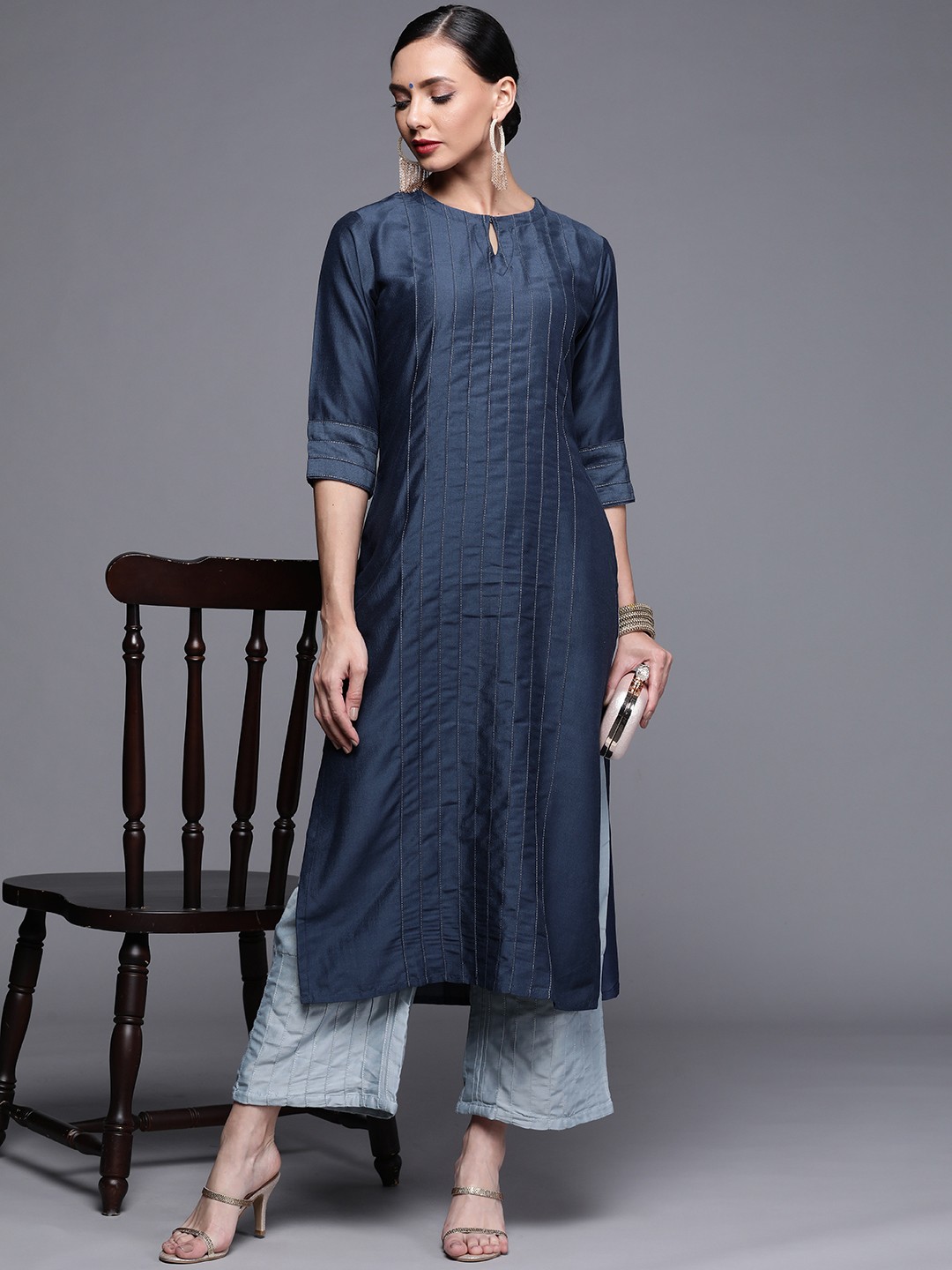 

Libas Women Blue Keyhole Neck Indigo Chanderi Silk Kurta