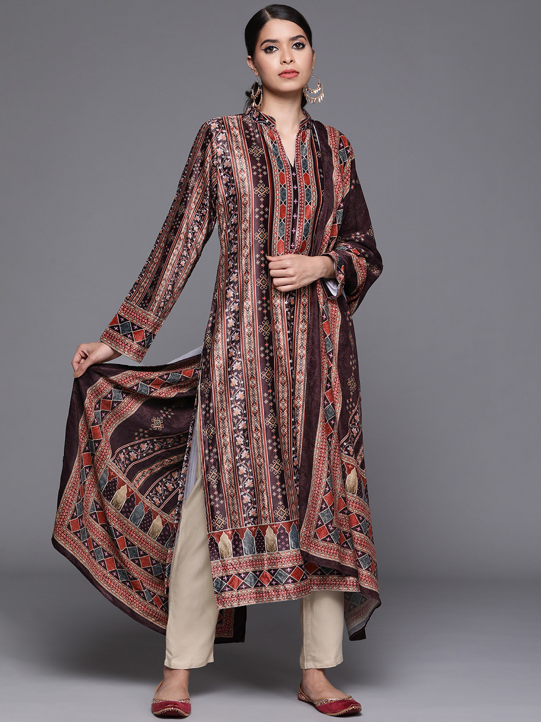 

Libas Women Brown & Beige Ethnic Motifs Printed Velvet Kurta with Palazzos & Dupatta