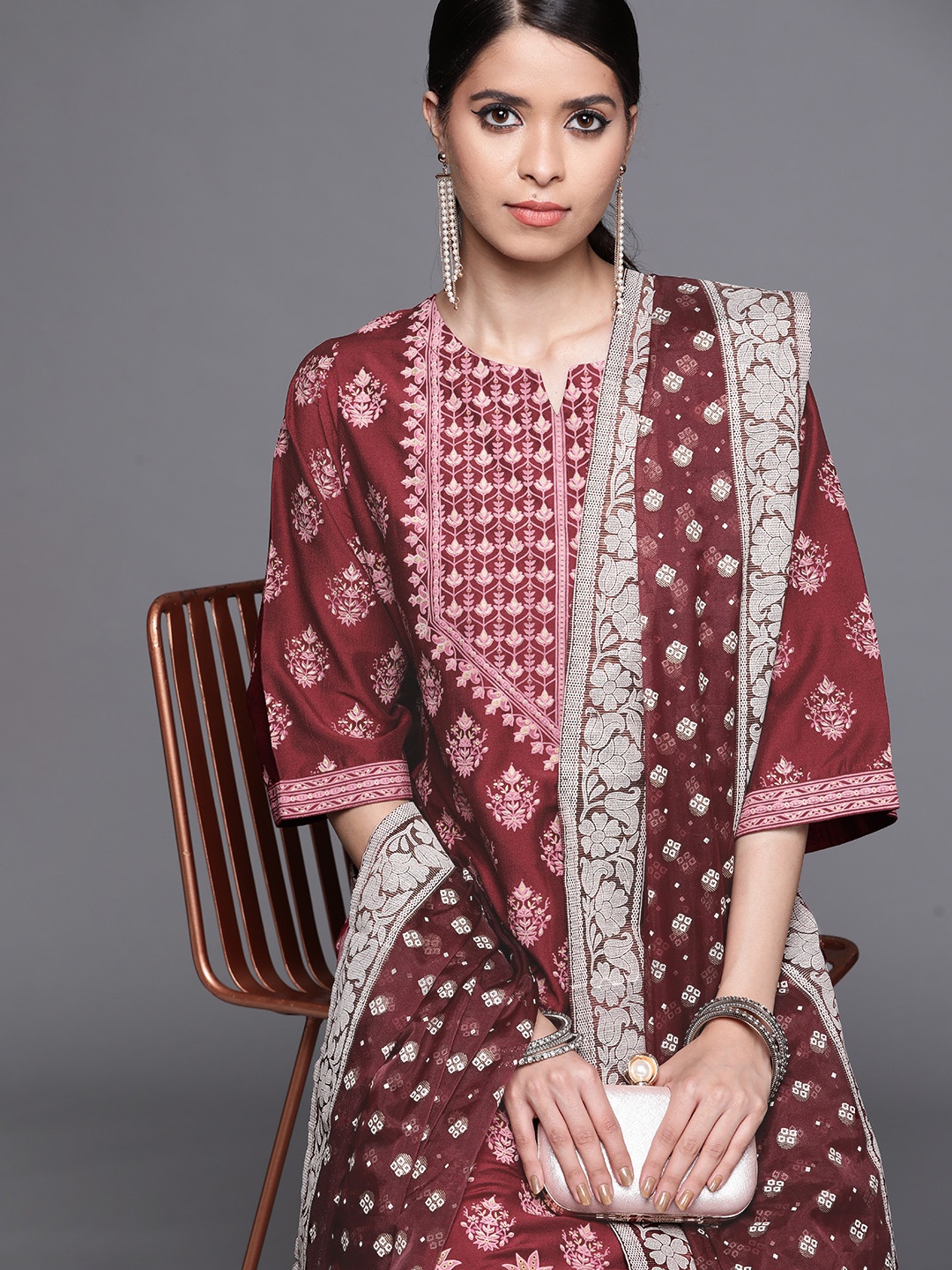 

Libas Women Maroon Floral Printed Regular Kurta with Palazzos & With Dupatta
