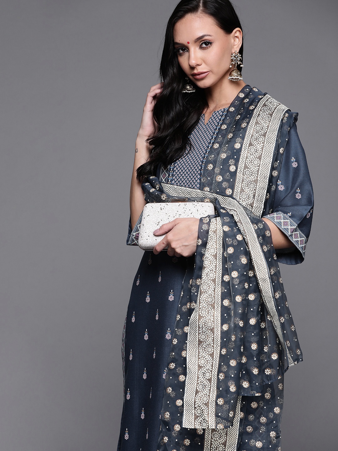 

Libas Women Blue Floral Printed Regular Kurta with Trousers & Dupatta