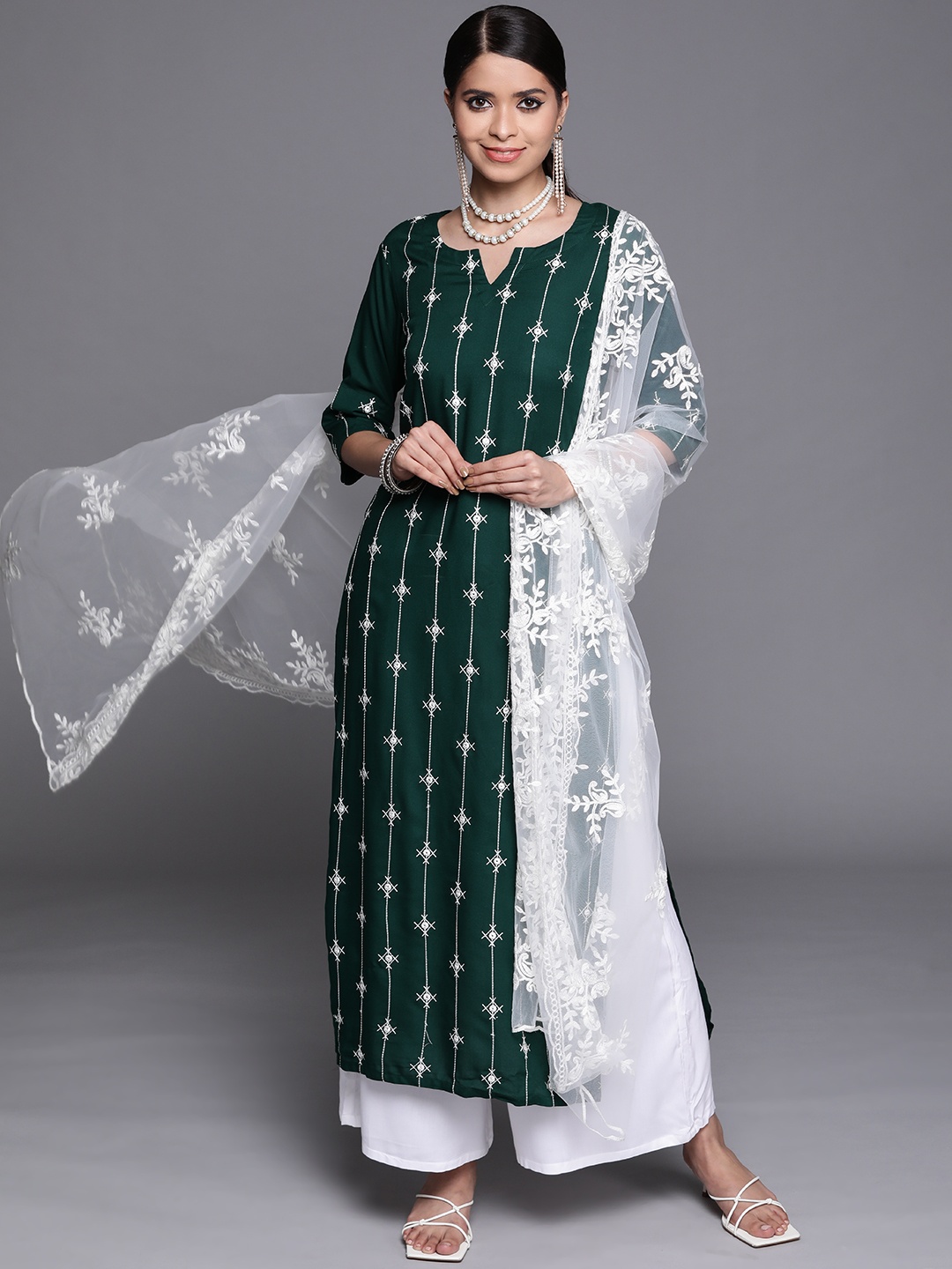 

Libas Women Green Regular Kurta with Palazzos & With Dupatta