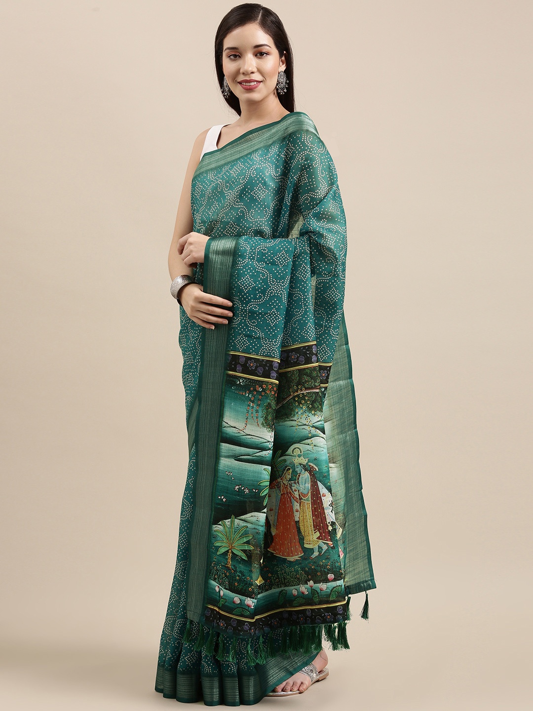 

VASTRANAND Teal Ethnic Motifs Linen Blend Bandhani Saree