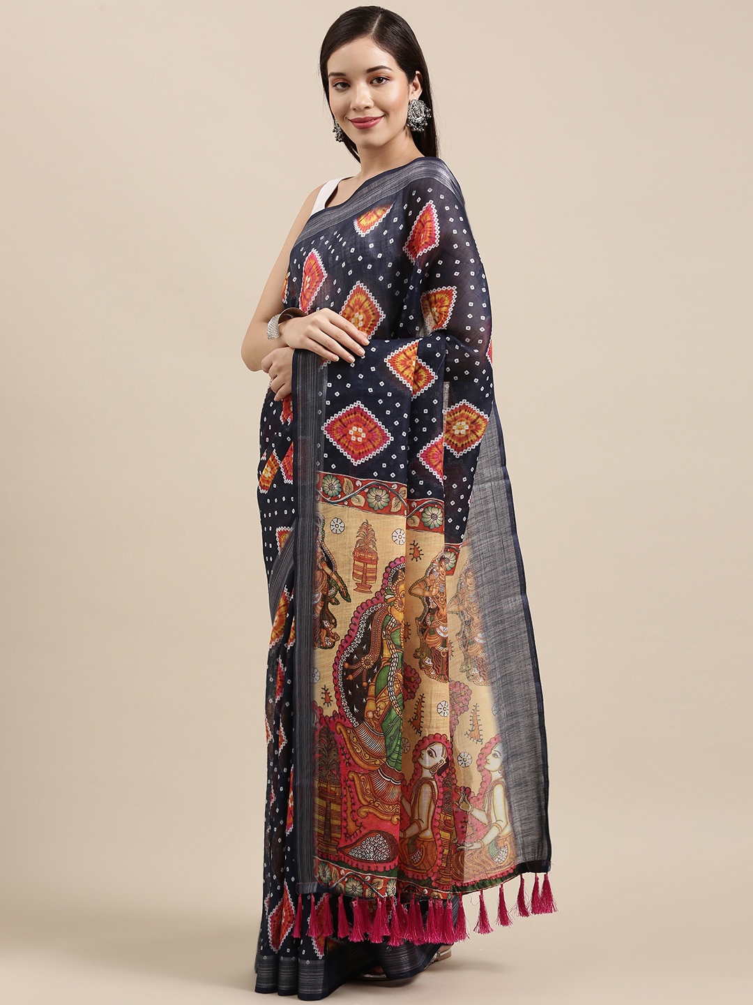 

VASTRANAND Navy Blue & Multicoloured Ethnic Motifs Linen Blend Bandhani Saree
