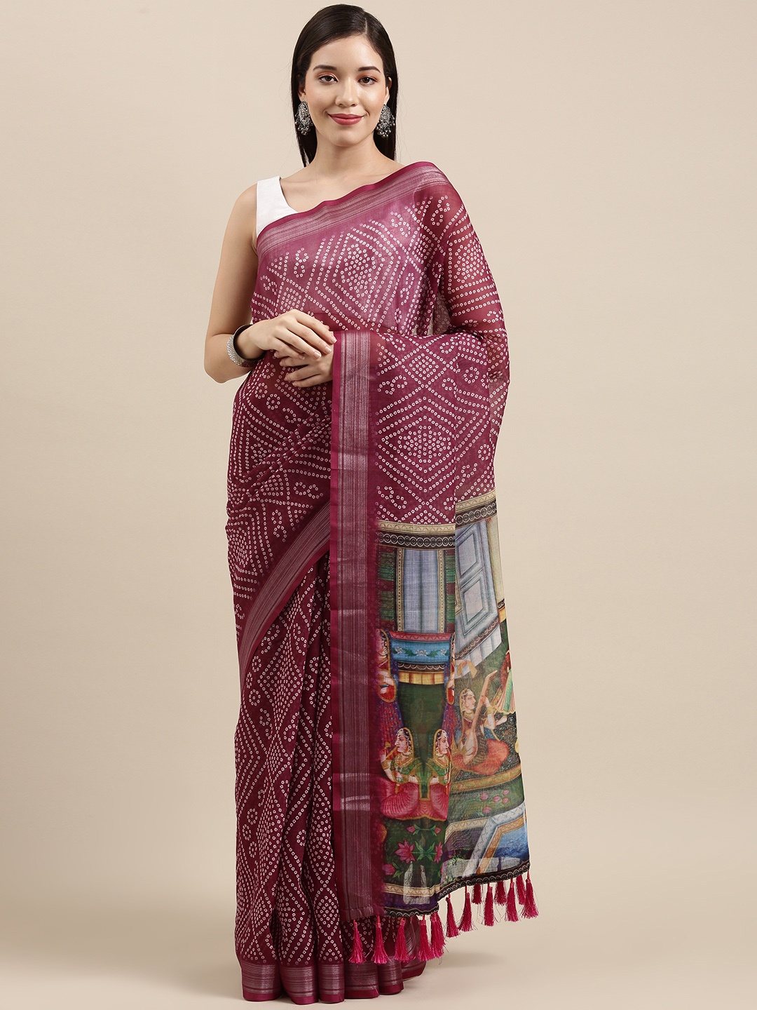 

VASTRANAND Burgundy Ethnic Motifs Linen Blend Bandhani Saree
