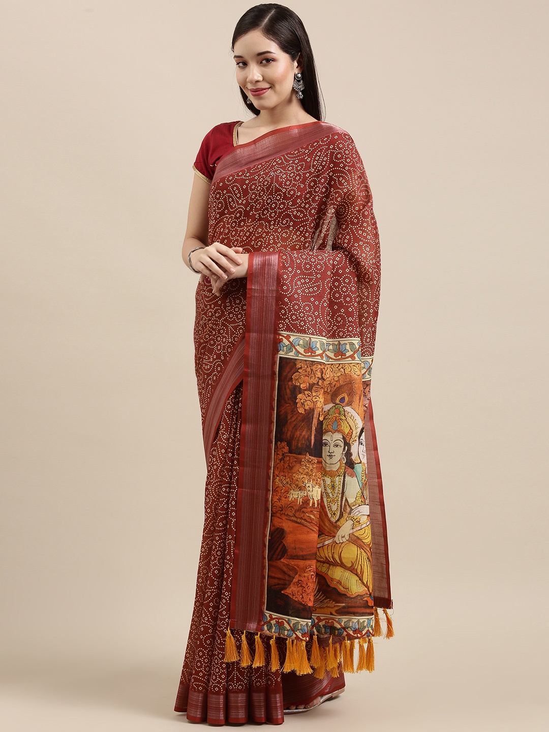 

VASTRANAND Brown & Multicoloured Ethnic Motifs Linen Blend Bandhani Saree