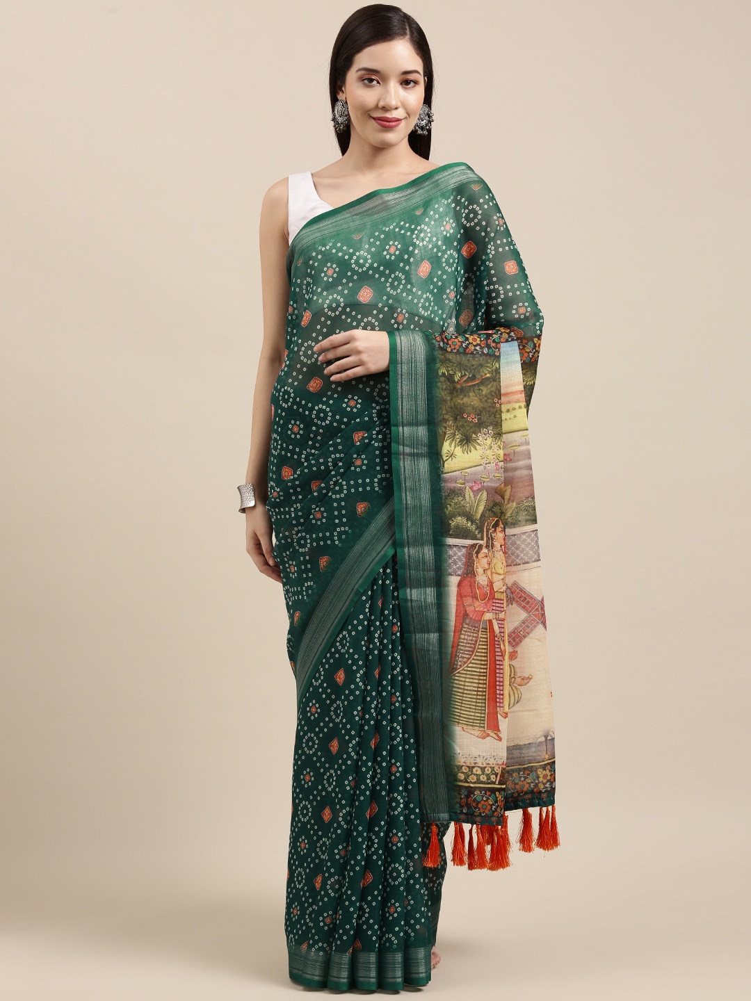 

VASTRANAND Green Ethnic Motifs Linen Blend Bandhani Saree