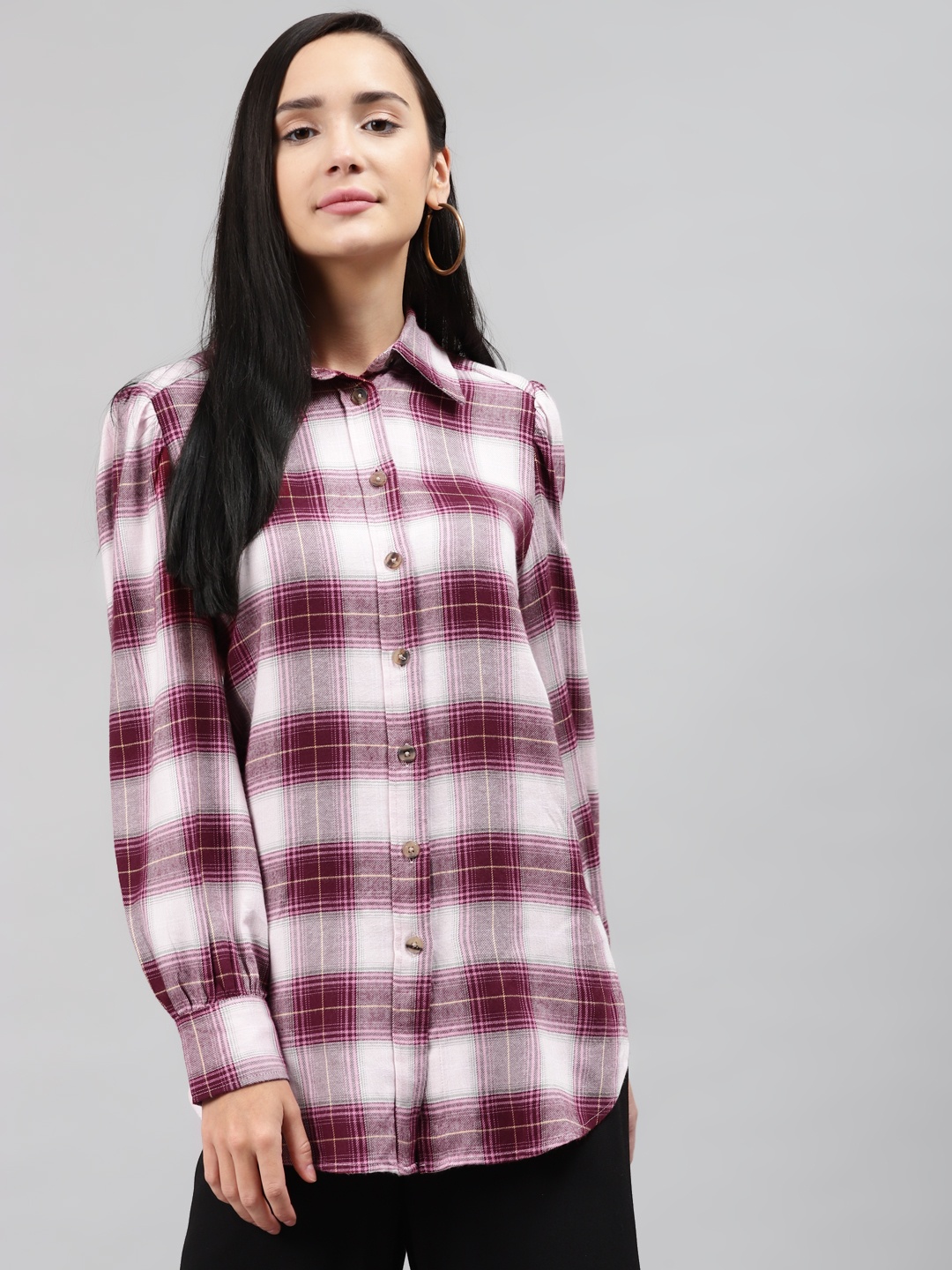 

Marks & Spencer Pink & White Checked Roll-Up Sleeves Shirt Style Top