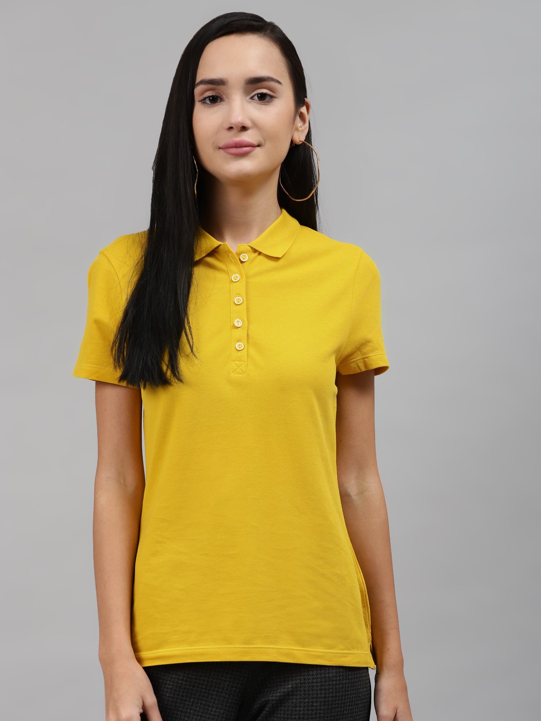 

Marks Spencer Women Yellow Pure Cotton Polo Collar Pure Cotton T-shirt