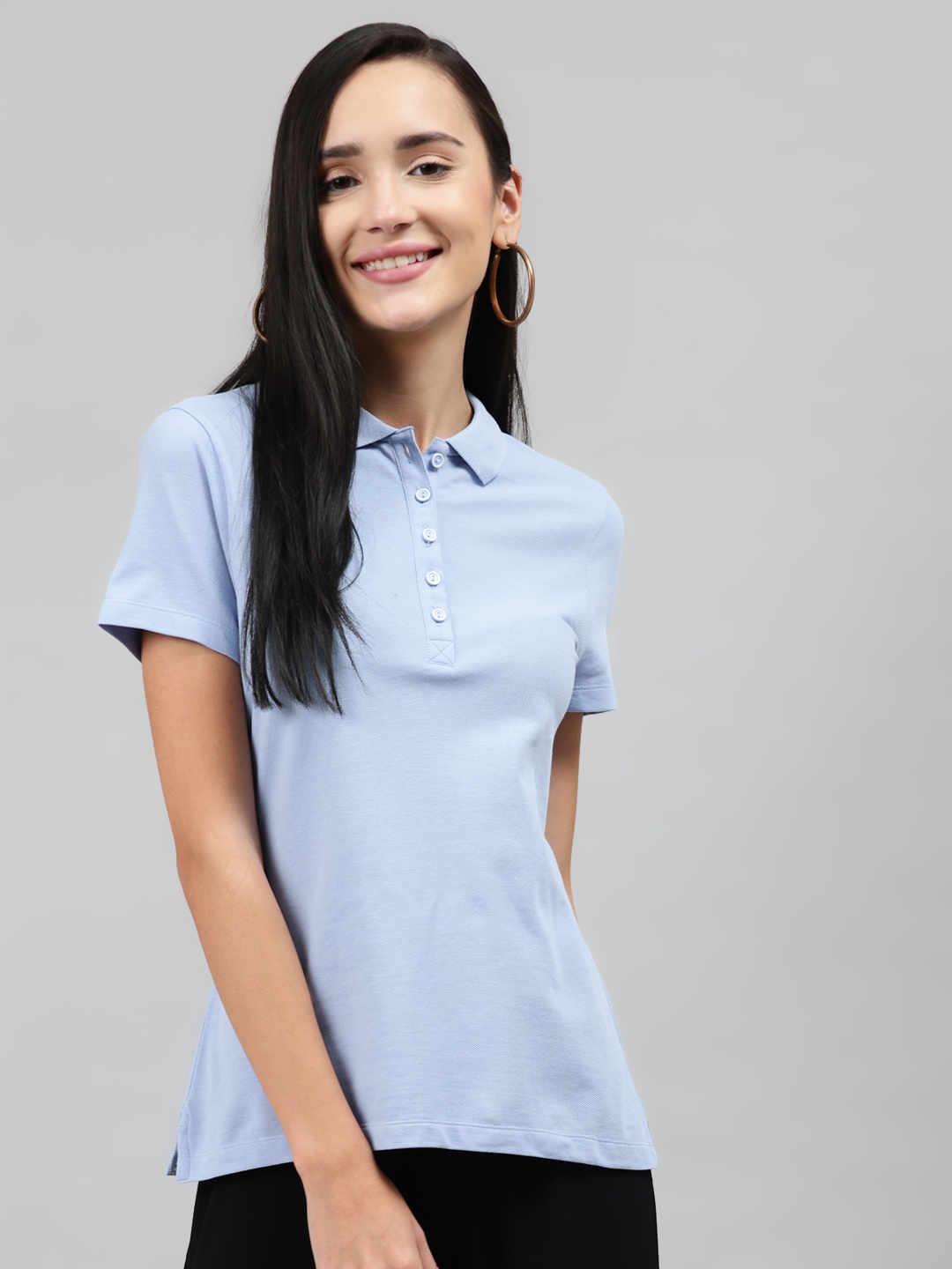 

Marks Spencer Women Blue Pure Cotton Polo Collar Pure Cotton T-shirt