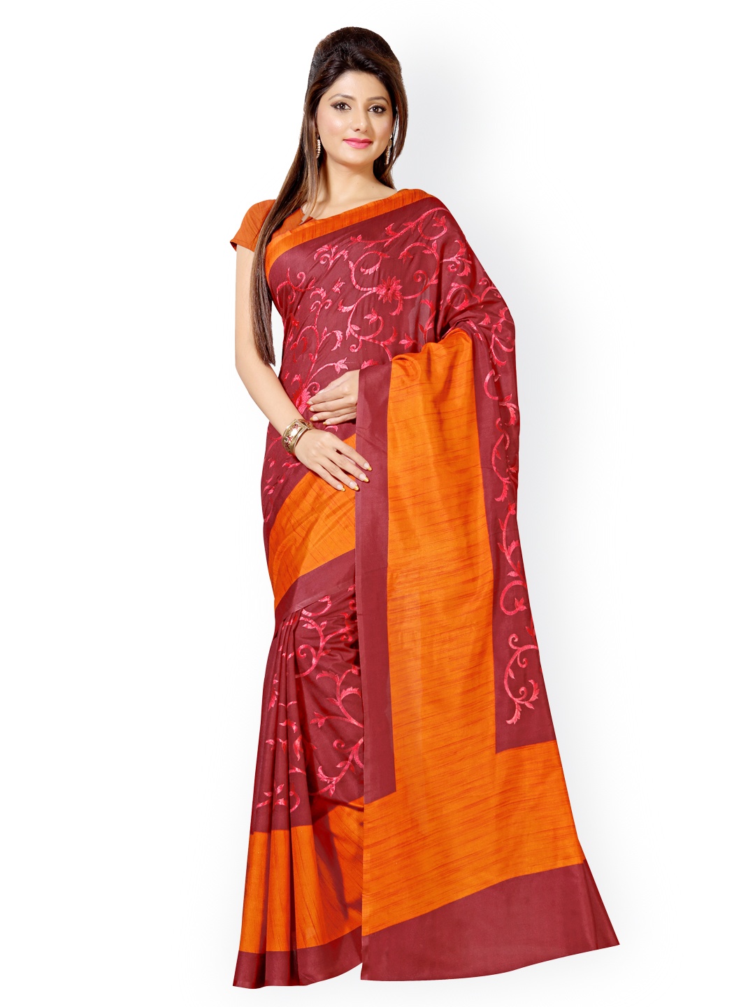 

Saree mall Maroon & Orange Embroidered Silk Saree