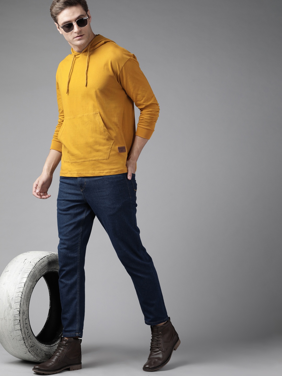 

The Roadster Lifestyle Co Men Mustard Yellow Pure Cotton Solid Hooded T-shirt
