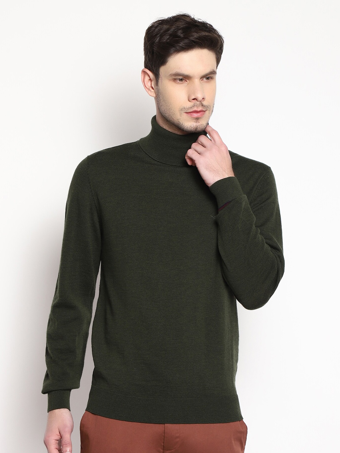 

Blackberrys Men Olive Solid Pullover Sweater