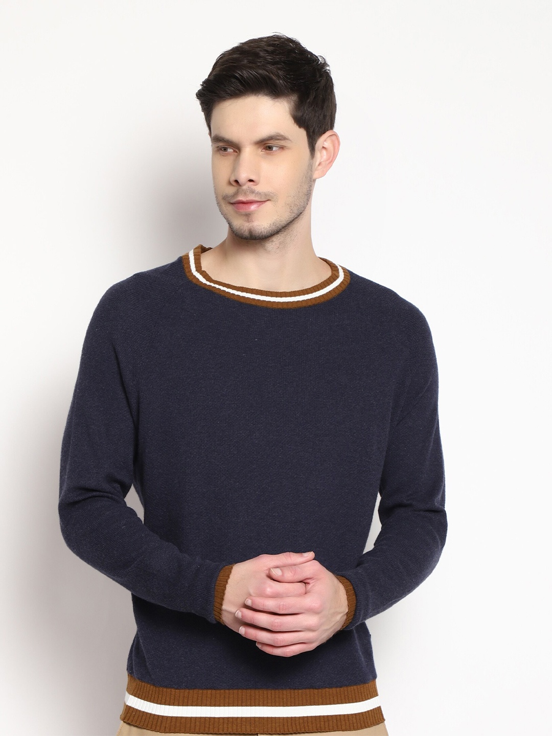 

Blackberrys Men Navy Blue Solid Pullover Sweater