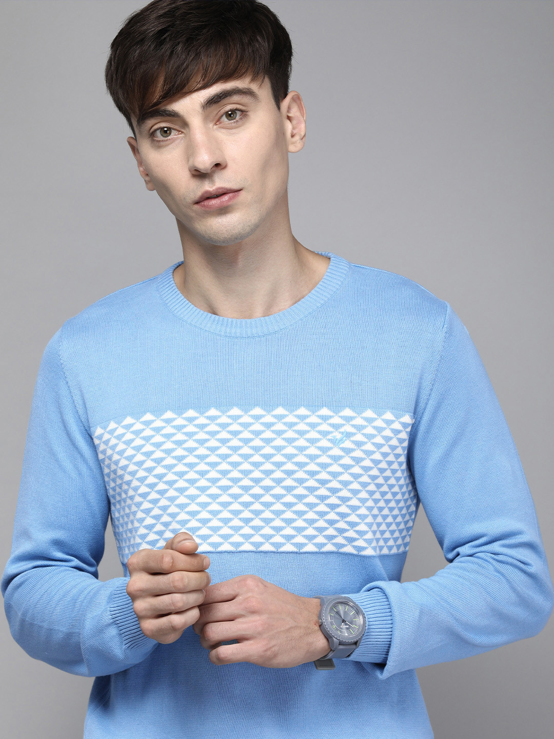 

Blackberrys Men Blue & White Self Designed Pure Cotton Pullover Sweater