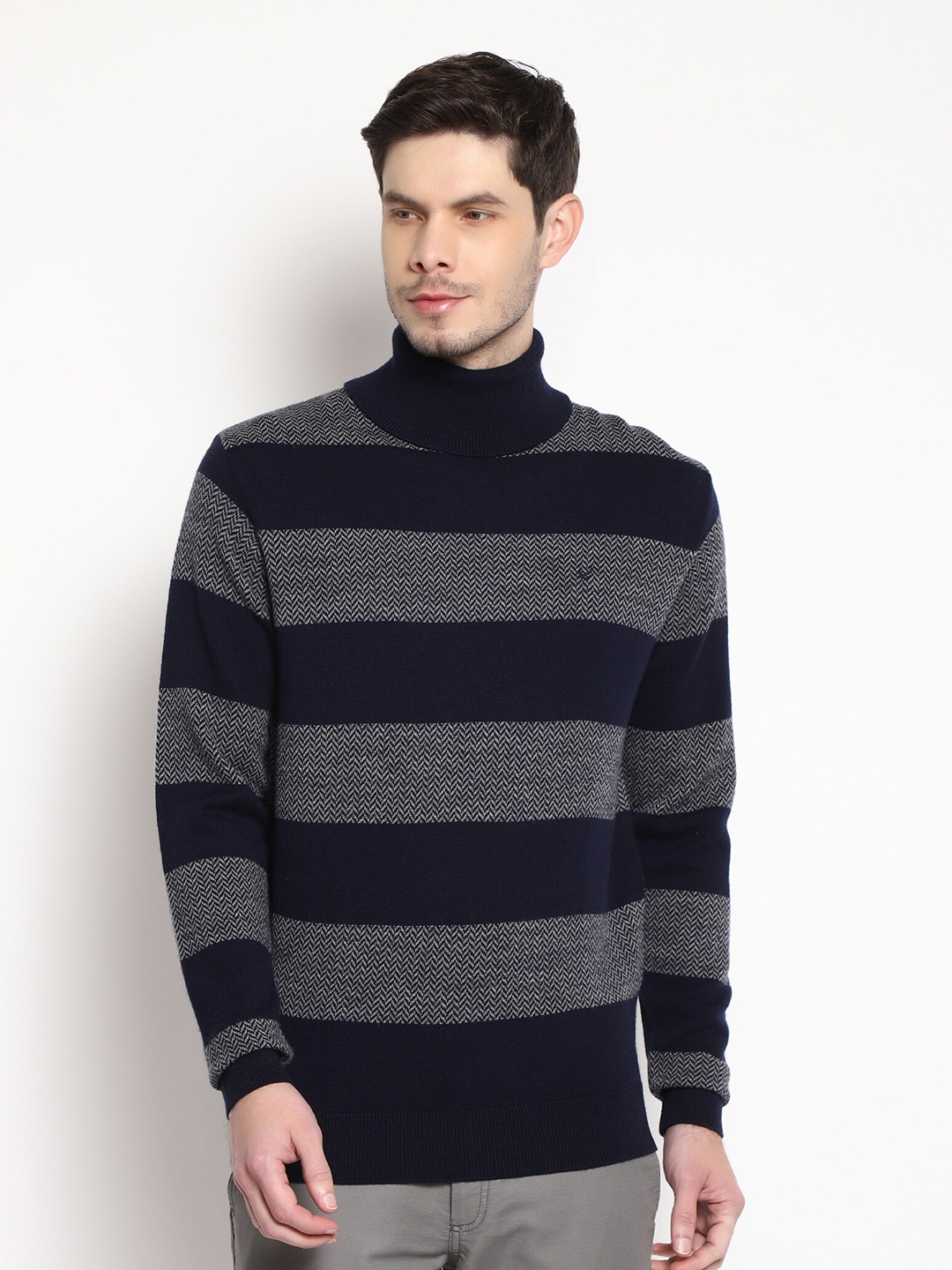 

Blackberrys Men Navy Blue & Grey Striped Wool Pullover Sweater