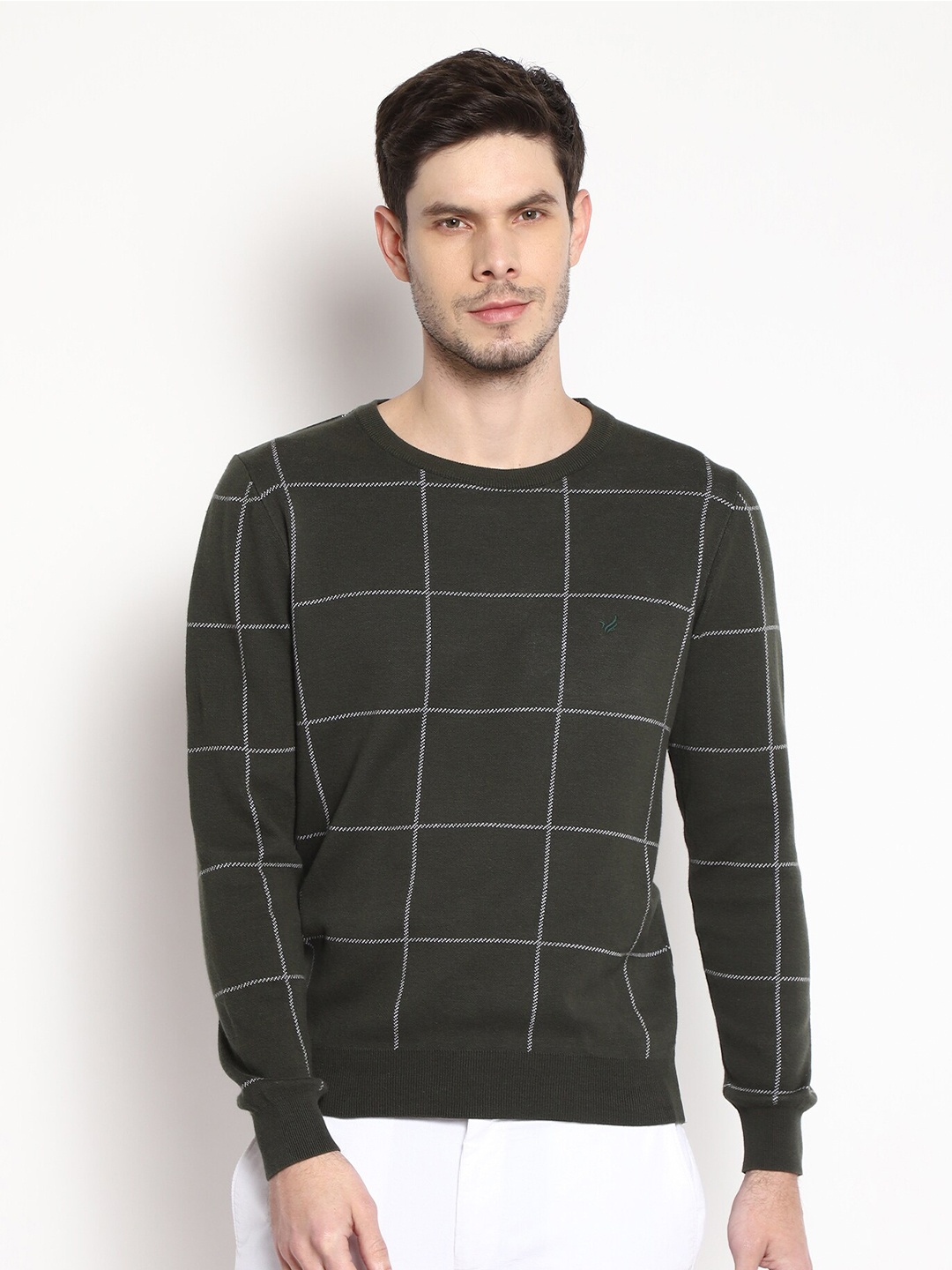 

Blackberrys Men Olive Pure Cotton Checked Pullover Sweater