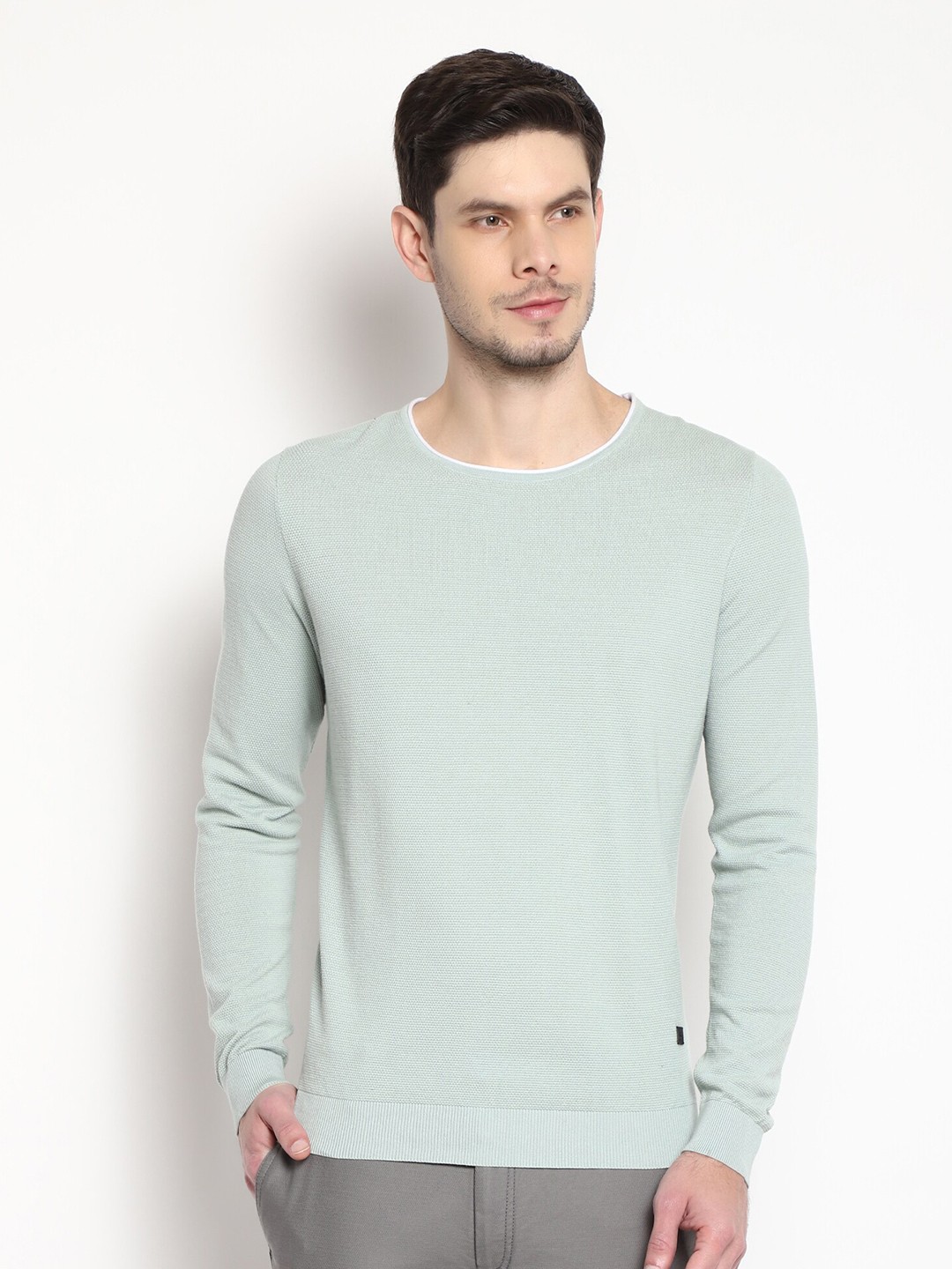 

Blackberrys Men Green Pure Cotton Self Designed Pullover Sweater
