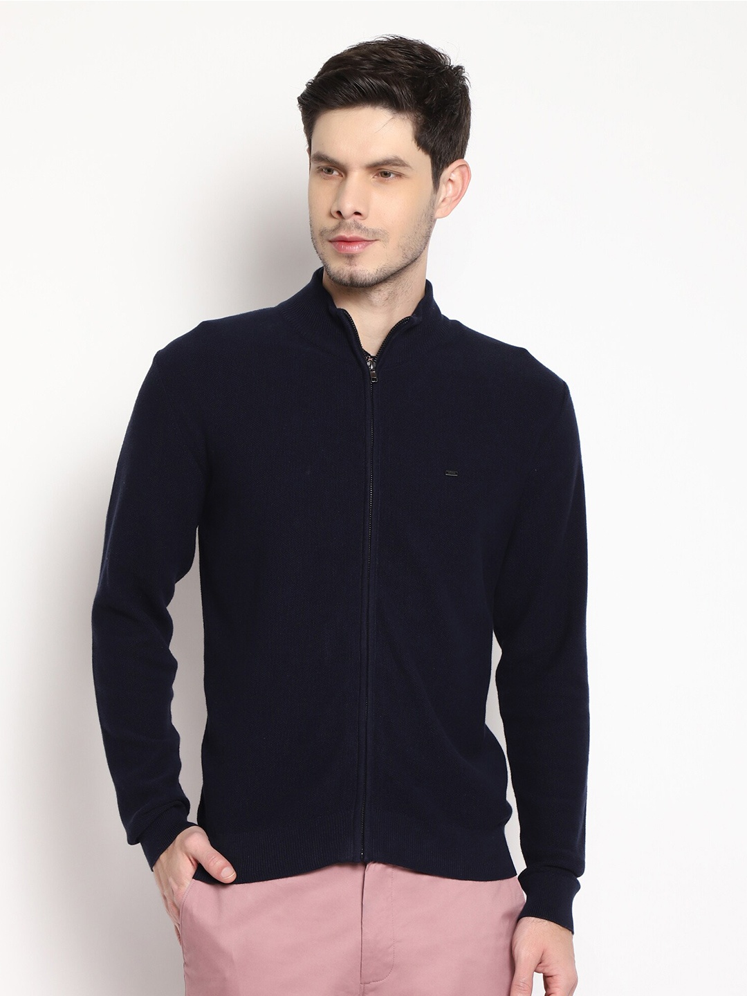

Blackberrys Men Navy Blue Solid Pure Cotton Cardigan Sweater