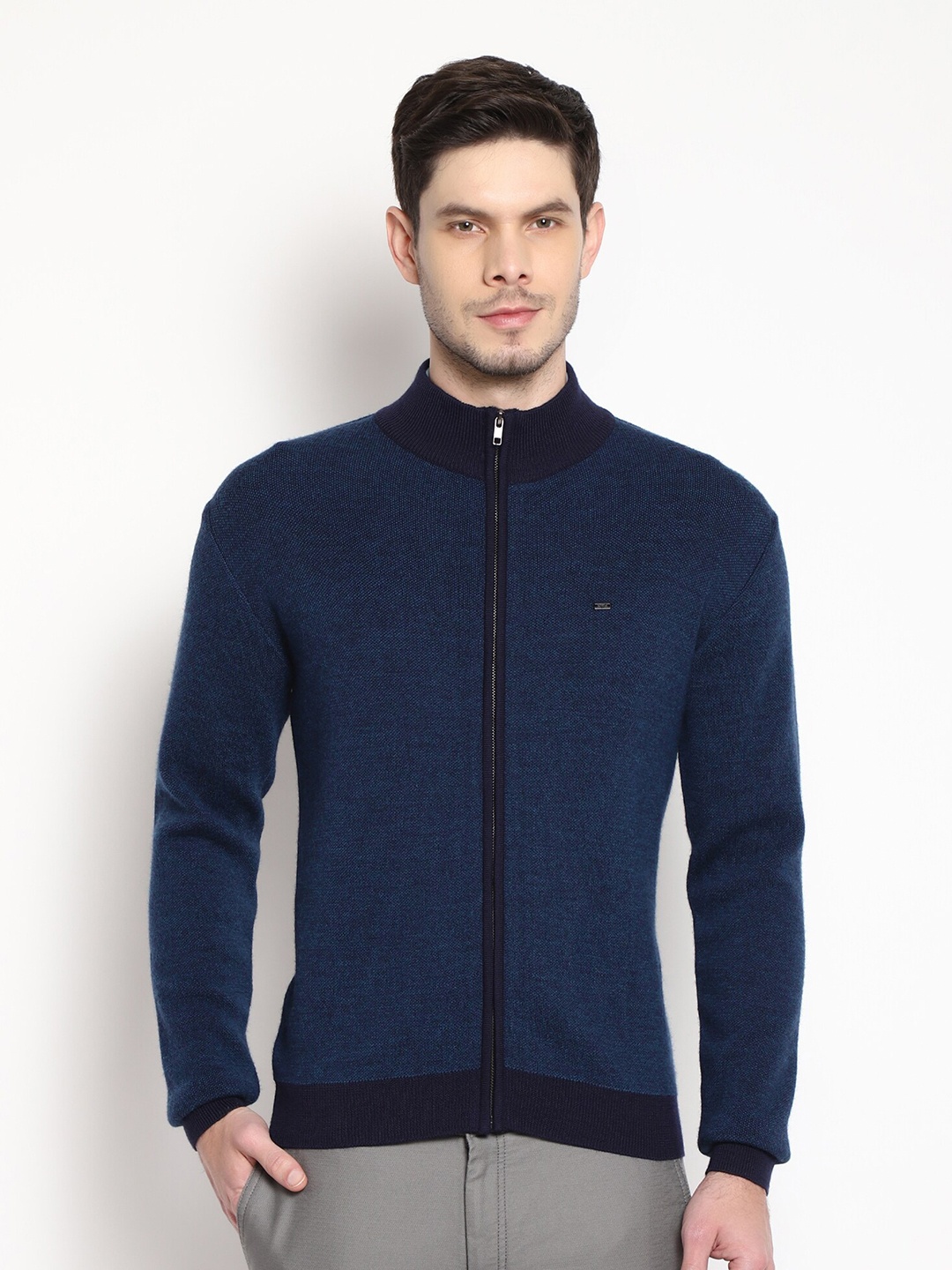 

Blackberrys Men Navy Blue Solid Pure Wool Cardigan Sweater