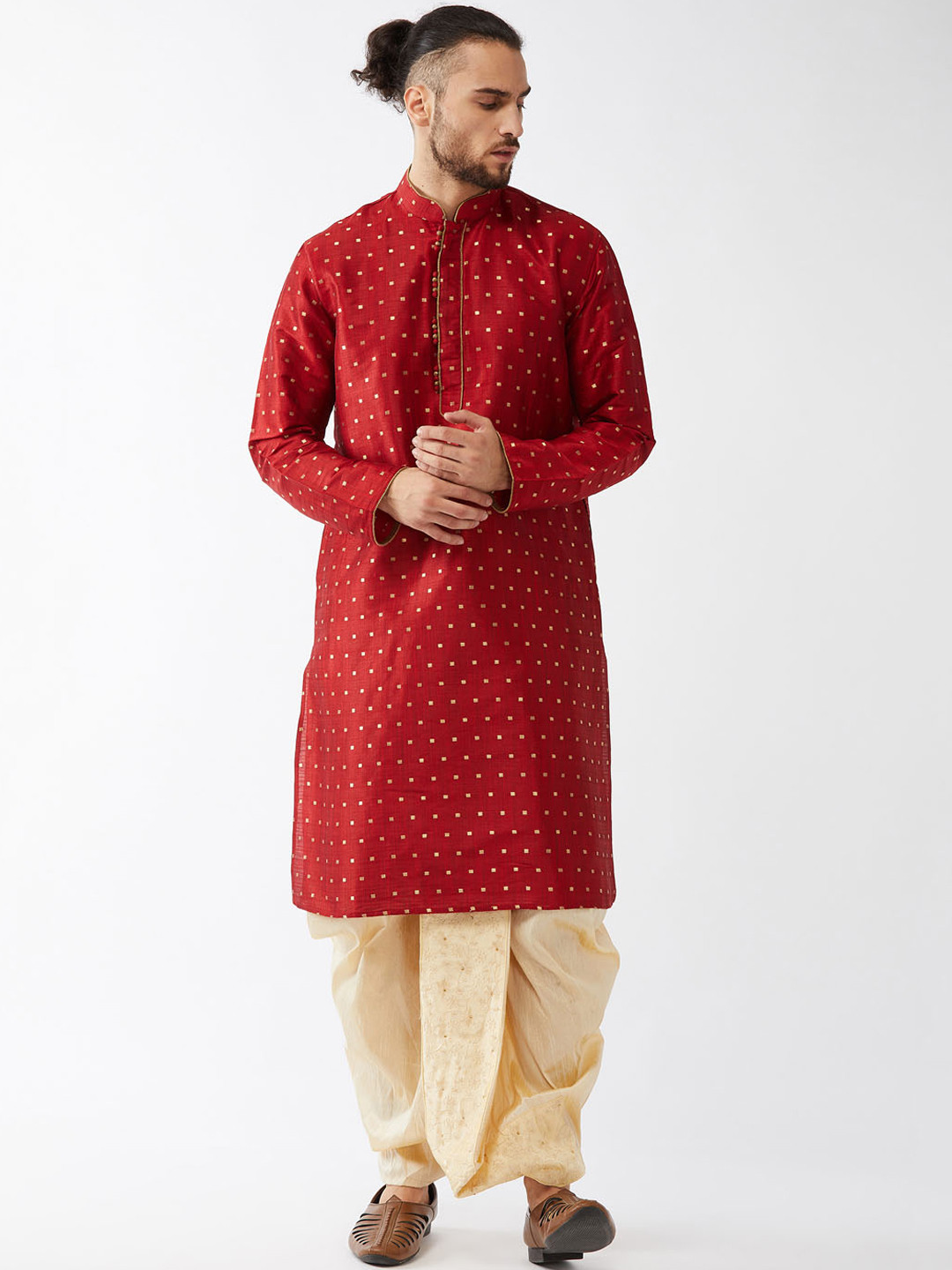 

VASTRAMAY Men Maroon Ethnic Motifs Kurta with Dhoti Pants