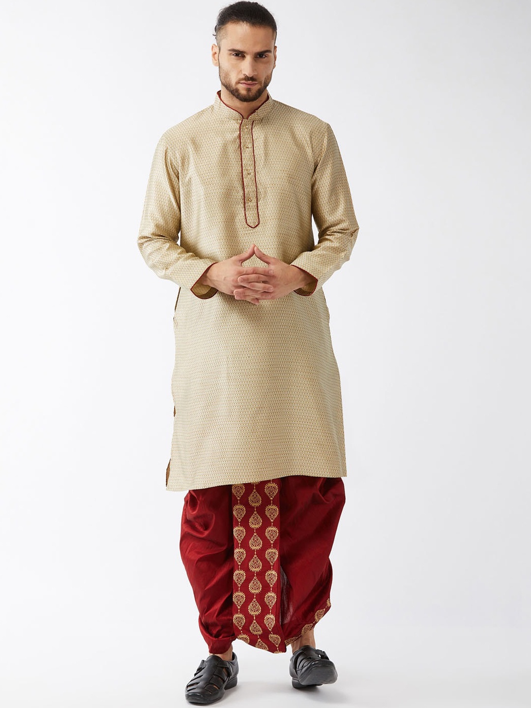 

VASTRAMAY Men Beige & Maroon Regular Kurta with Dhoti Pants