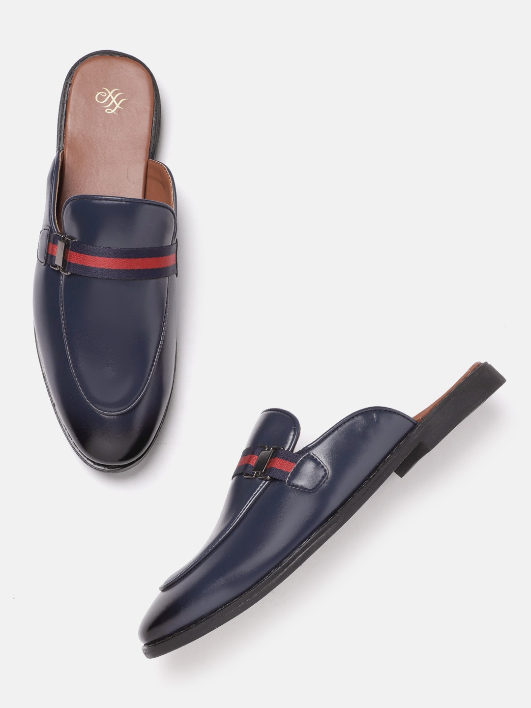 

House of Pataudi Men Navy Blue Solid Handcrafted Mules