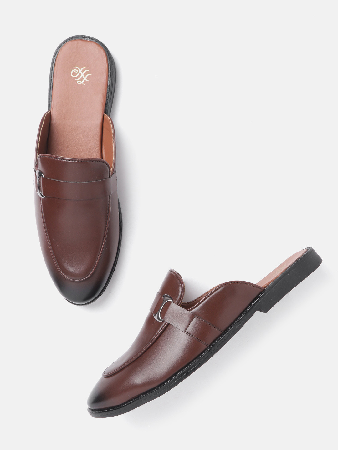 

House of Pataudi Men Coffee Brown Solid Buckle Detail Handcrafted Mules with Pouch