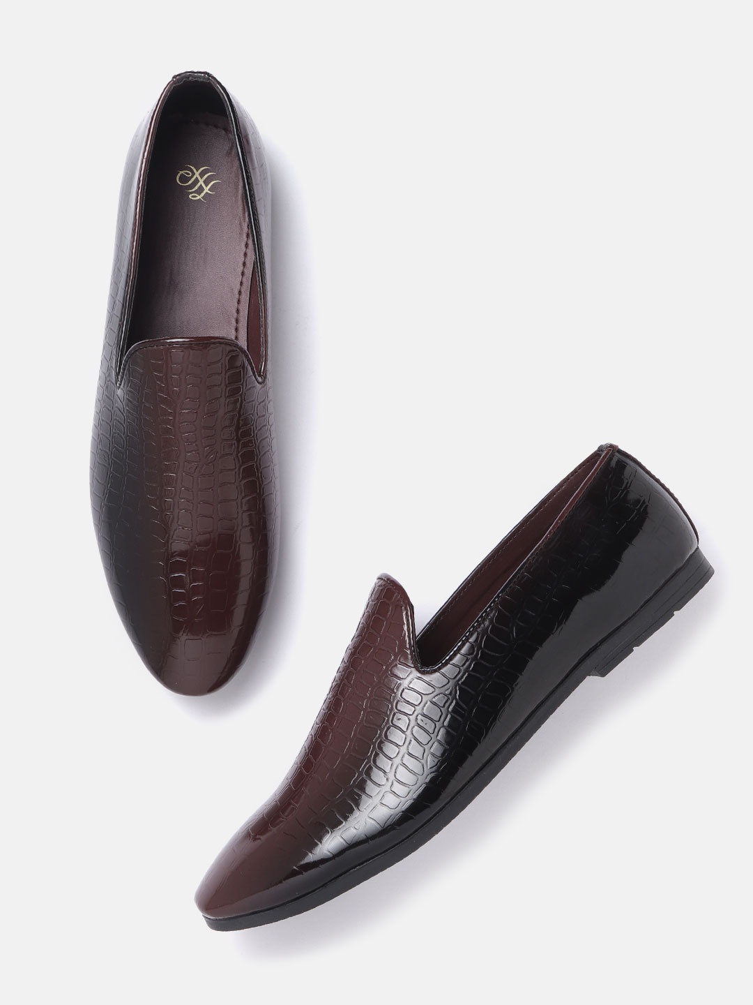 

House of Pataudi Men Maroon Textured PU Slip-Ons