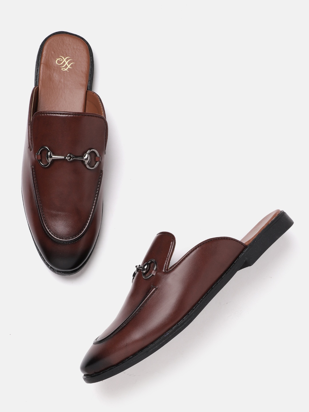 

House of Pataudi Men Coffee Brown Solid Handcrafted Horsebit Mules
