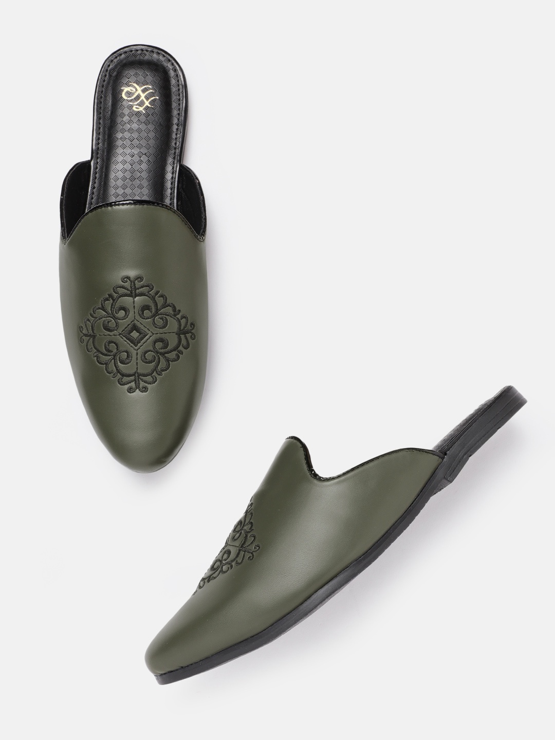 

House of Pataudi Men Olive Green & Black Handcrafted Embroidered Mules