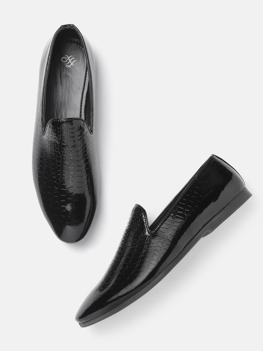 

House of Pataudi Men Black Textured PU Slip-Ons