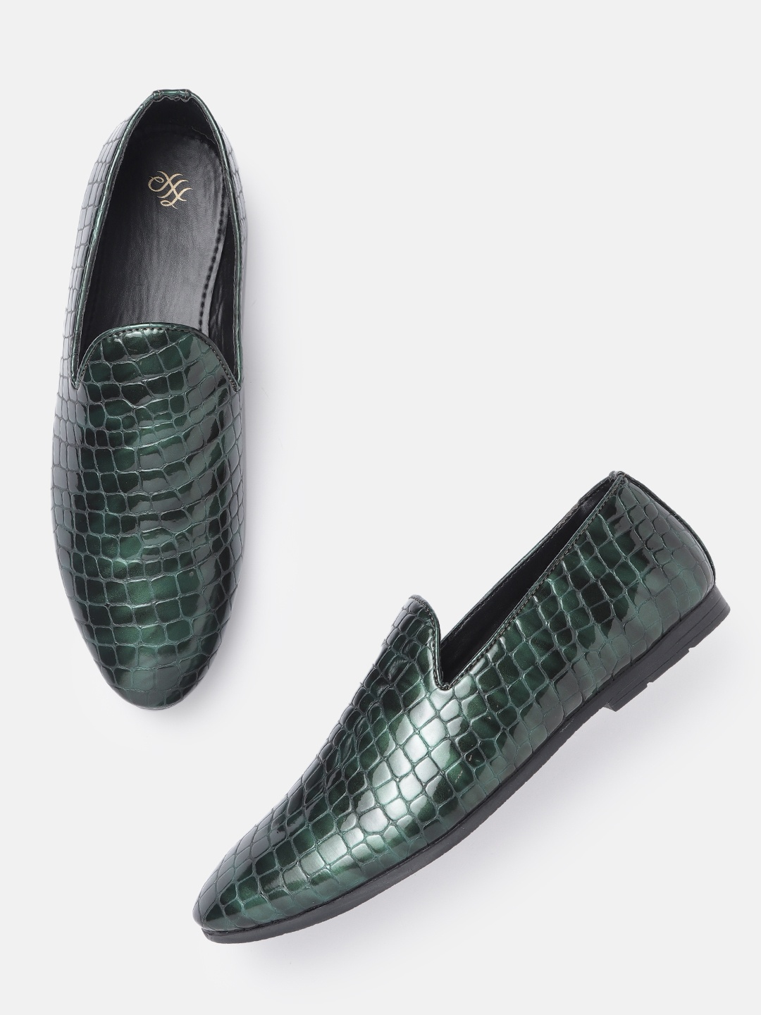 

House of Pataudi Men Green Textured PU Slip-Ons