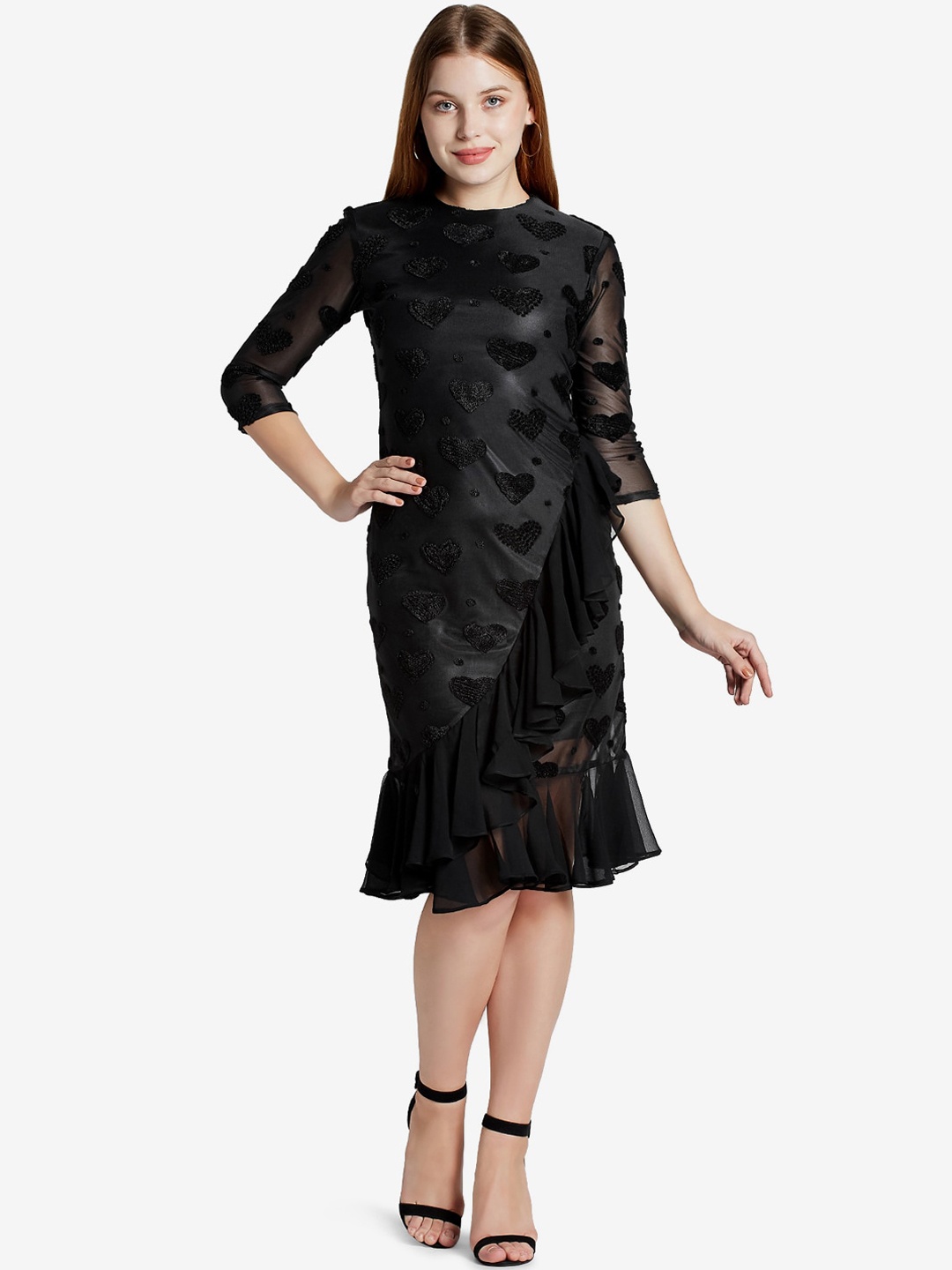 

Emmyrobe Black Self Design Ruffled Sheath Dress