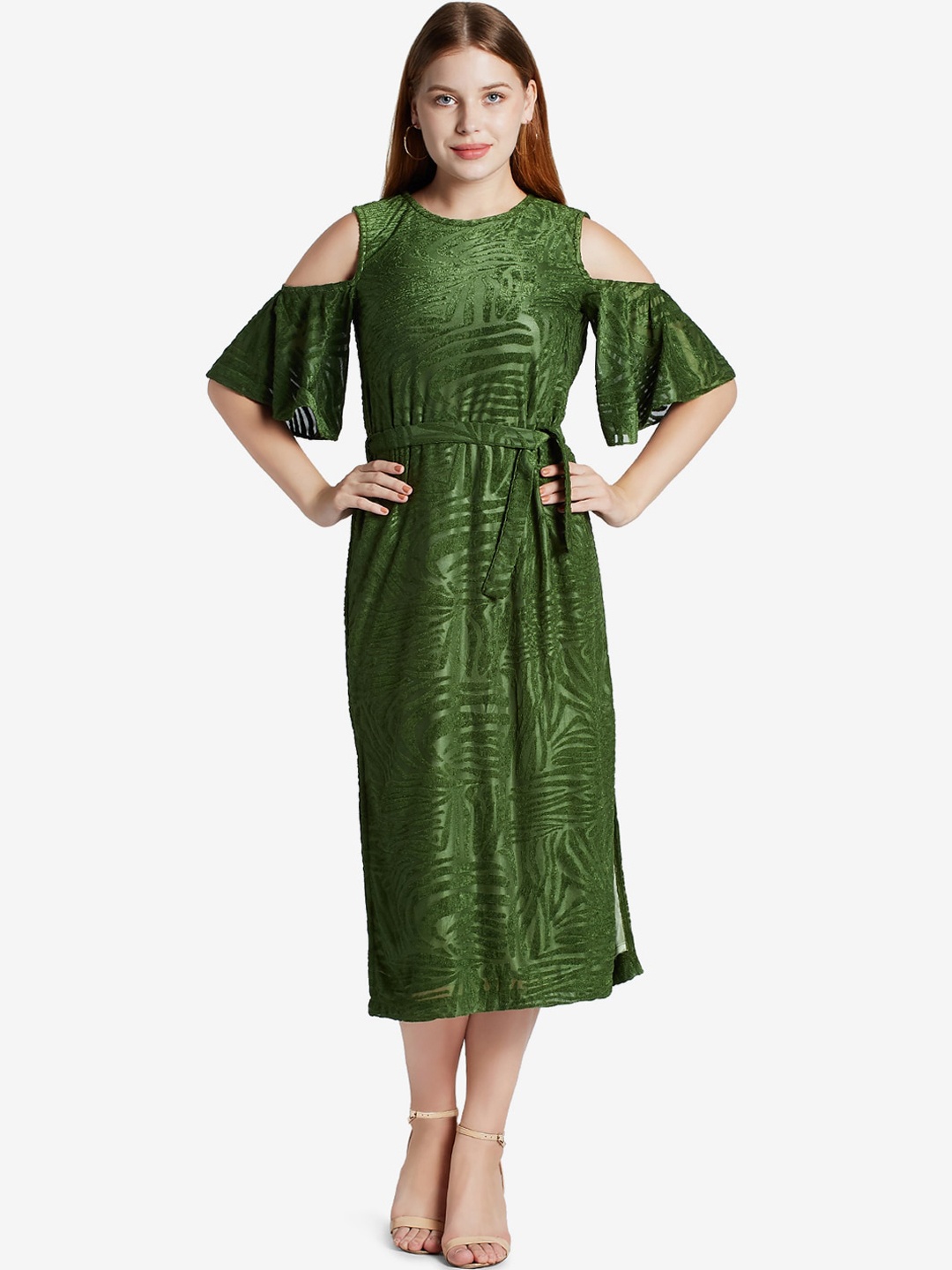 

Emmyrobe Olive Green Self Design Midi Dress