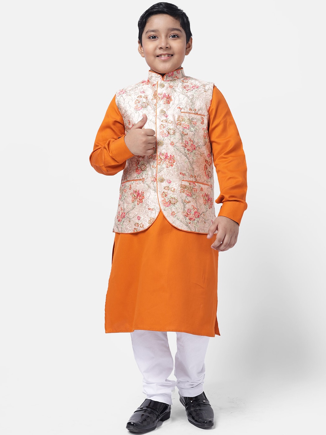 

NAMASKAR Boys Yellow Regular Pure Cotton Kurta with Churidar & Jacket